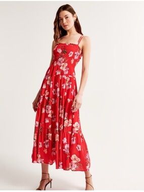 Abercrombie Red Floral Smocked Midi Dress